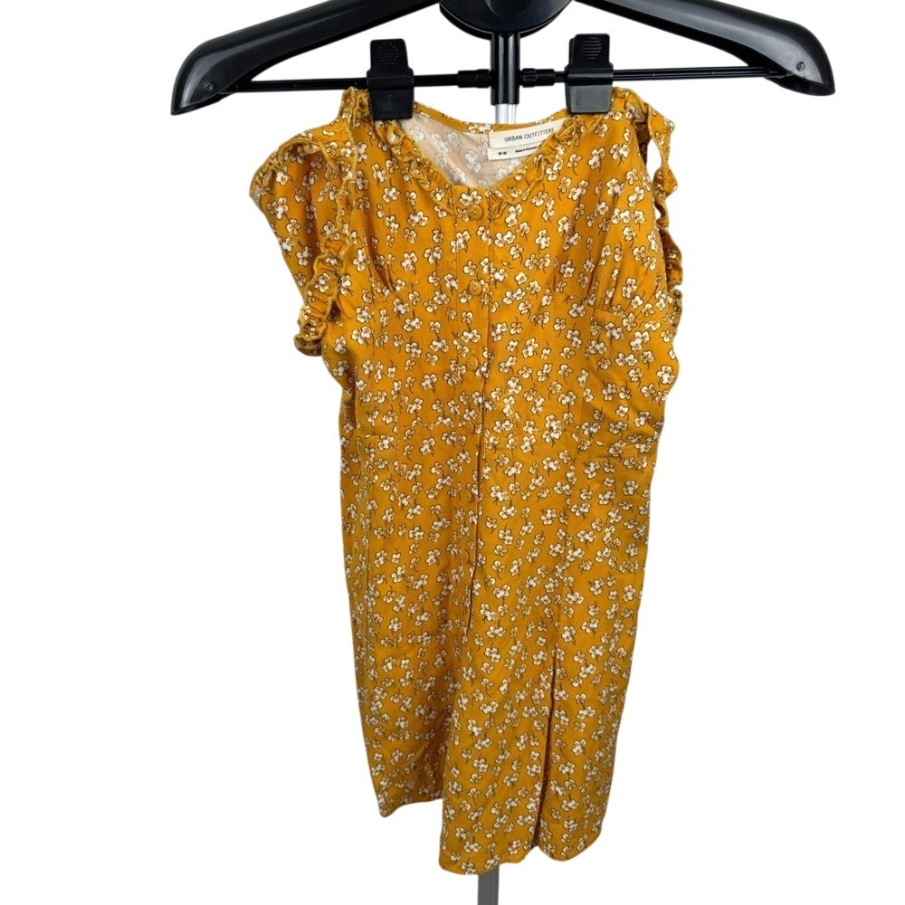 Urban Outfitters Mustard Floral Romper Ruffle Strap Button Front Cottagecore M - Picture 4 of 7